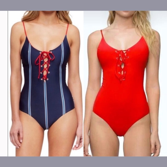 NEW TAVIK [ XS ] Monahan Lace Up Striped One Piece Swimsuit Blue Red‎ - Picture 1 of 12